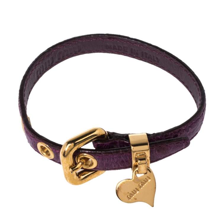 Pre Owned Miu Miu Purple Leather Gold Tone Heart Charm Bracelet