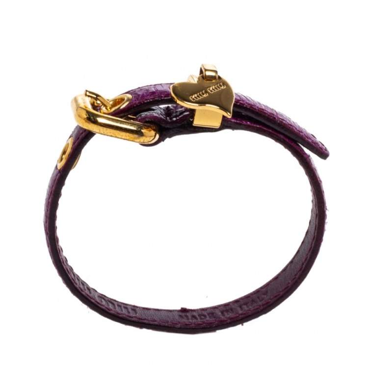 Pre Owned Miu Miu Purple Leather Gold Tone Heart Charm Bracelet