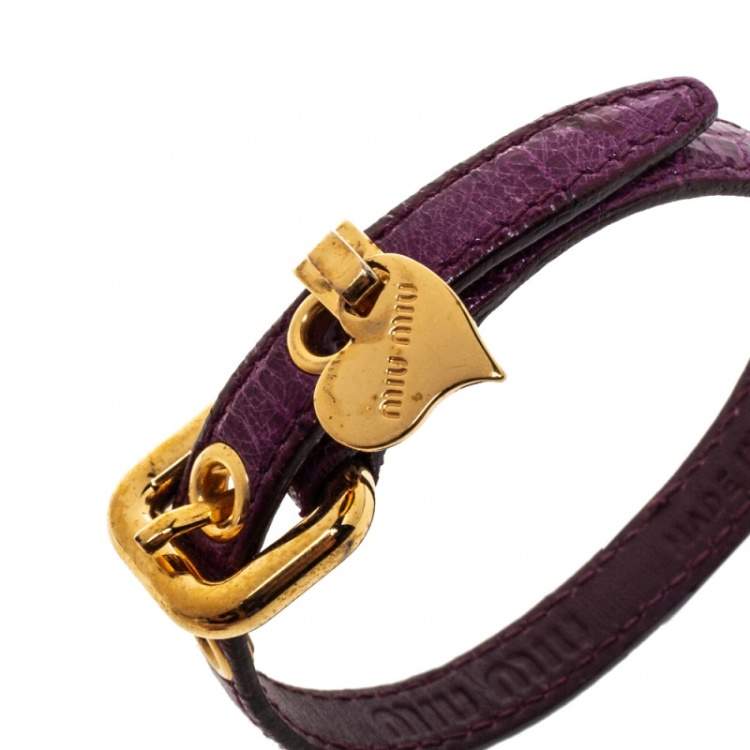 Pre Owned Miu Miu Purple Leather Gold Tone Heart Charm Bracelet