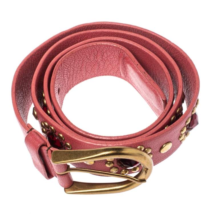 Pre Owned Miu Miu Old Rose Pink Soft Leather Embellished Buckle Belt 90CM