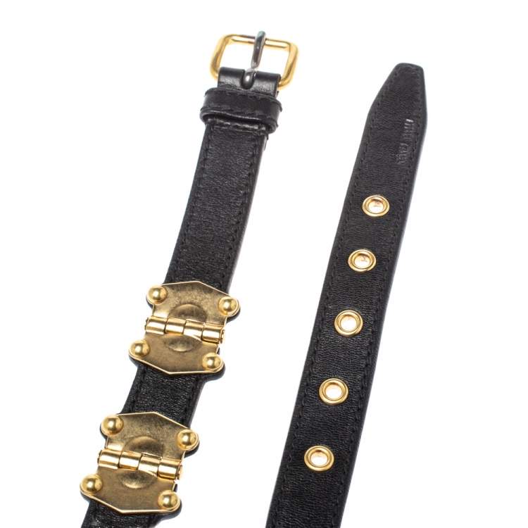 Pre Owned Miu Miu Black Leather Studded Grommet Buckle Belt 90CM