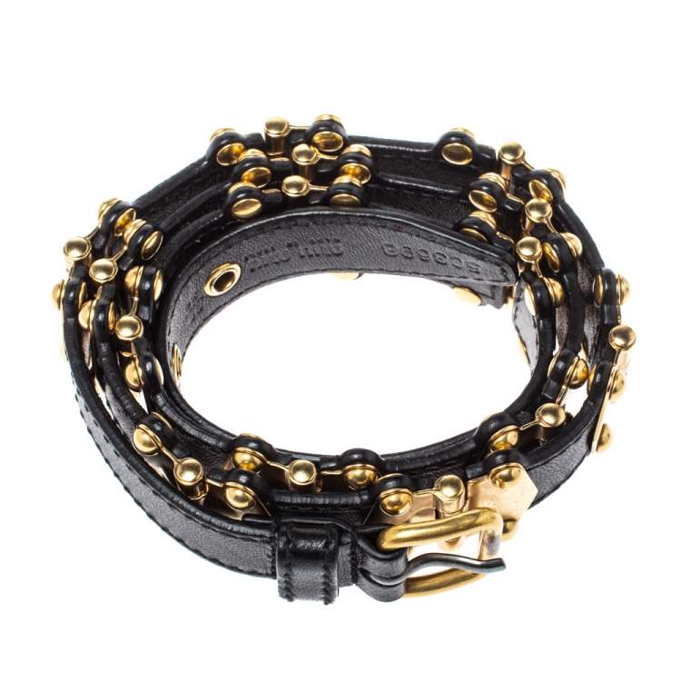Pre Owned Miu Miu Black Leather Studded Grommet Buckle Belt 90CM