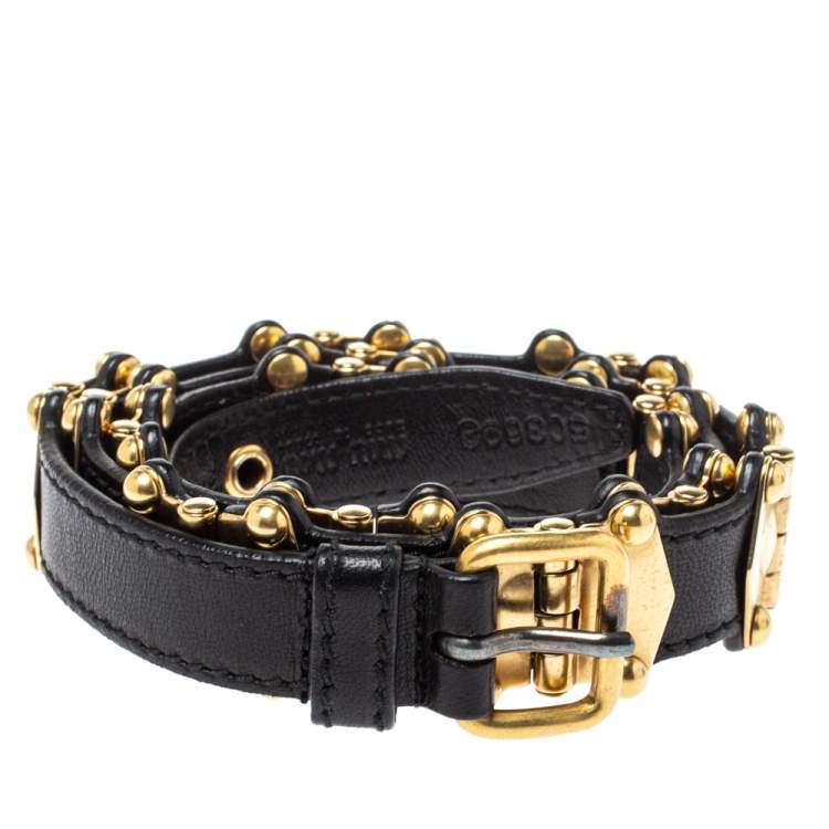 Pre Owned Miu Miu Black Leather Studded Grommet Buckle Belt 90CM