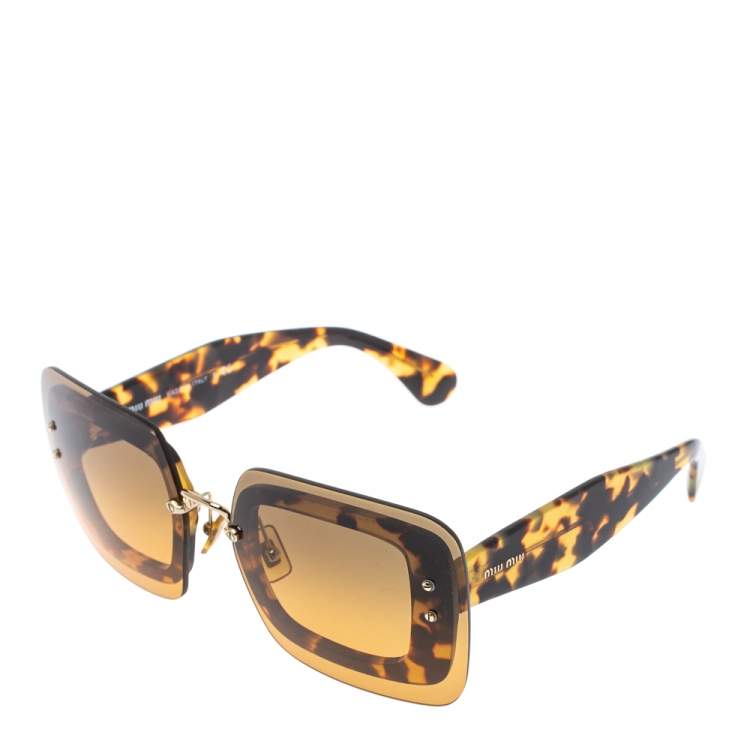Pre Owned Miu Miu Light Havana/ Bicolor Gradient SMU 02R Reveal Square Sunglasses