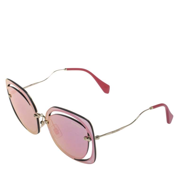 Pre Owned Miu Miu Gold Tone/Pink & Grey Mirrored SMU 54S Scénique Cut Out Sunglasses
