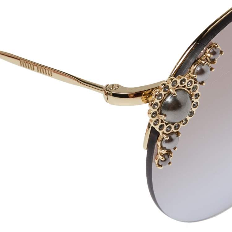 Pre Owned Miu Miu Gold Tone/ Grey Gradient SMU52T Manière Round Sunglasses