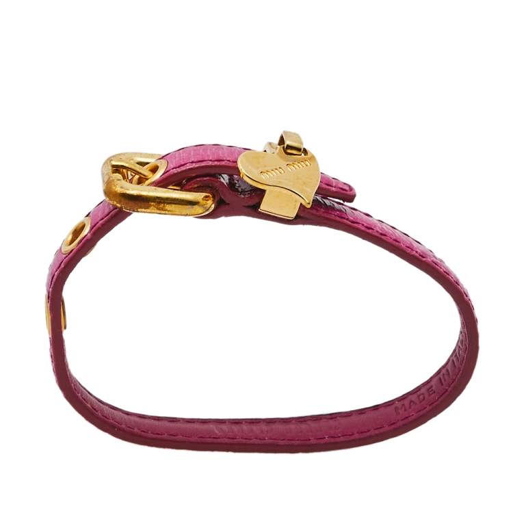 Pre Owned Miu Miu Pink Leather Gold Tone Heart Charm Bracelet