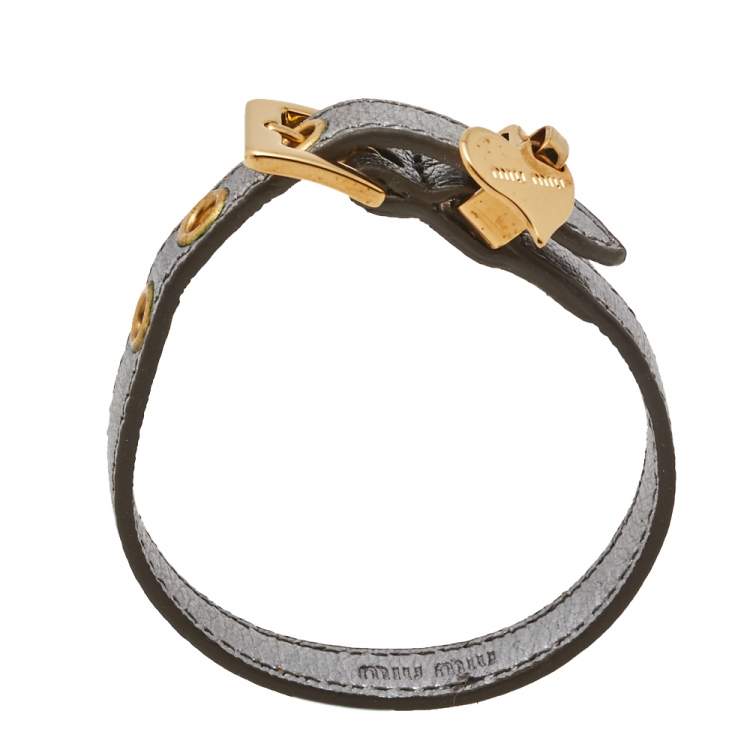 Pre Owned Miu Miu Silver Leather Gold Tone Heart Charm Bracelet