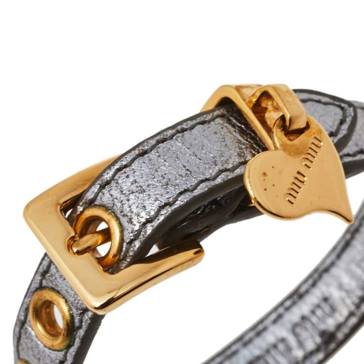 Pre Owned Miu Miu Silver Leather Gold Tone Heart Charm Bracelet