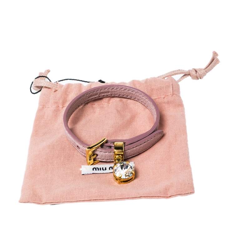 Pre Owned Miu Miu Dusky Pink  Madras Leather Crystal Charm Bracelet