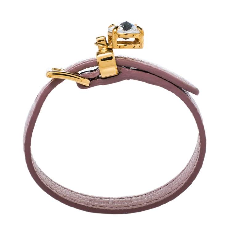 Pre Owned Miu Miu Dusky Pink  Madras Leather Crystal Charm Bracelet