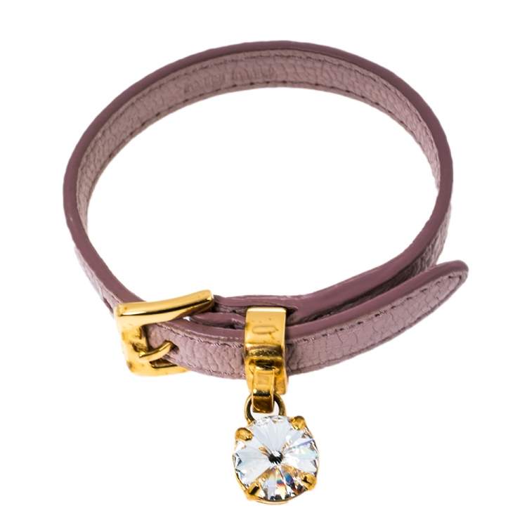 Pre Owned Miu Miu Dusky Pink  Madras Leather Crystal Charm Bracelet