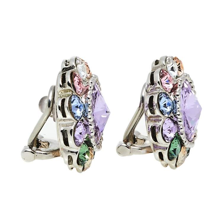 Pre Owned Miu Miu Multicolor Crystals Flower Clip-On Stud Earrings