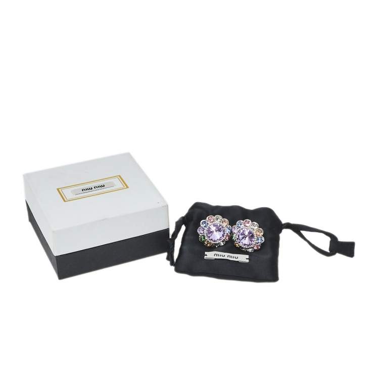 Pre Owned Miu Miu Multicolor Crystals Flower Clip-On Stud Earrings