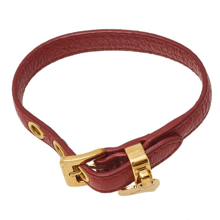 Pre Owned Miu Miu Red Leather Gold Tone Heart Charm Bracelet 