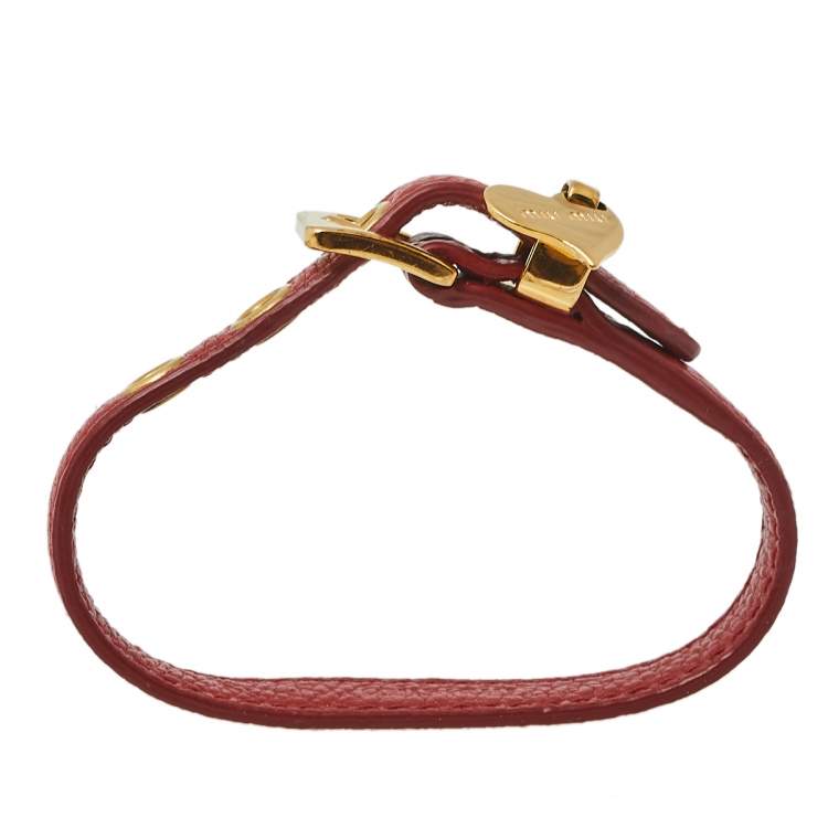 Pre Owned Miu Miu Red Leather Gold Tone Heart Charm Bracelet 