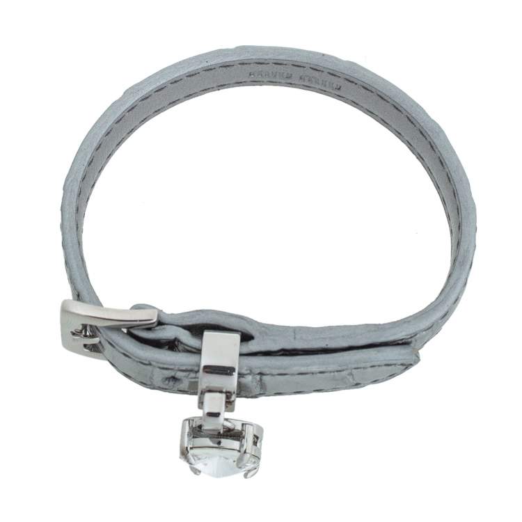 Pre Owned Miu Miu Silver Croc Embossed Leather Crystal Charm Wrap Bracelet