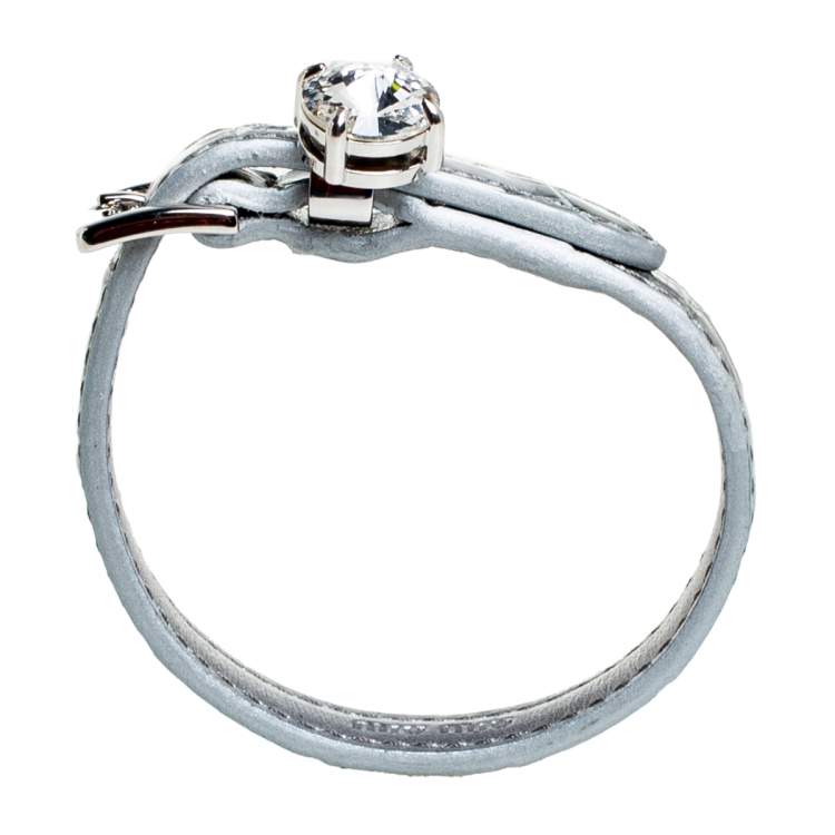 Pre Owned Miu Miu Silver Croc Embossed Leather Crystal Charm Wrap Bracelet