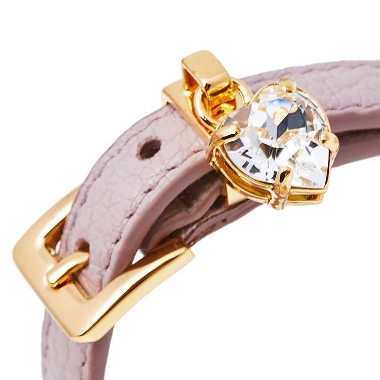 Pre Owned Miu Miu Dusky Pink Madras Leather Crystal Charm Bracelet