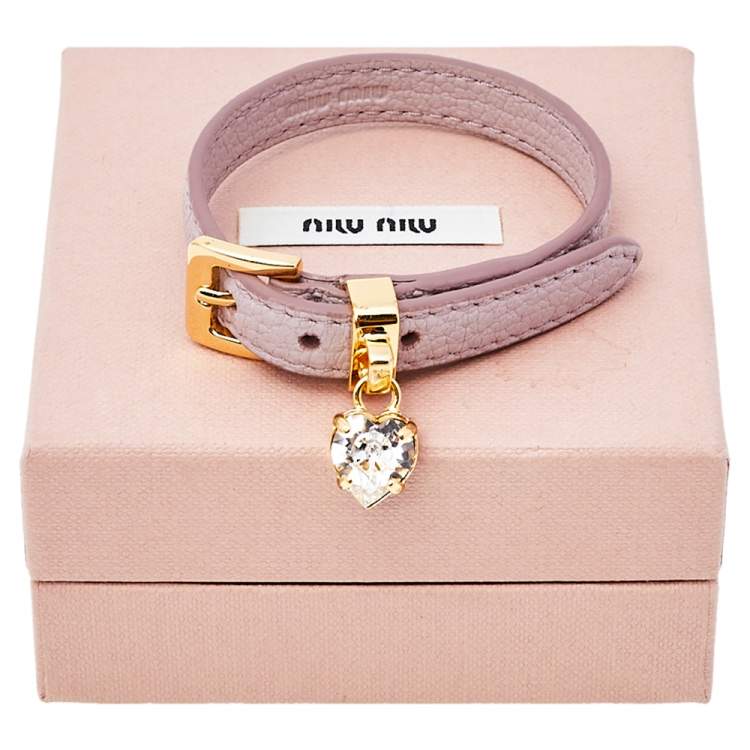 Pre Owned Miu Miu Dusky Pink Madras Leather Crystal Charm Bracelet