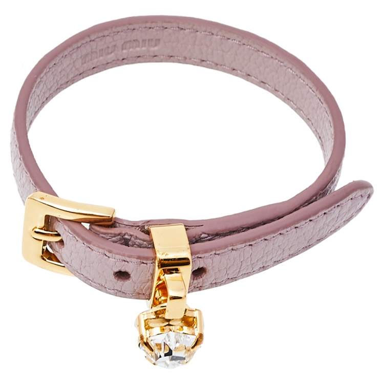 Pre Owned Miu Miu Dusky Pink Madras Leather Crystal Charm Bracelet