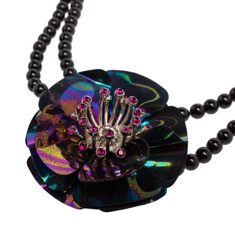 Pre Owned Miu Miu Iridiscent Floral Crystal Brooch Pendant Necklace