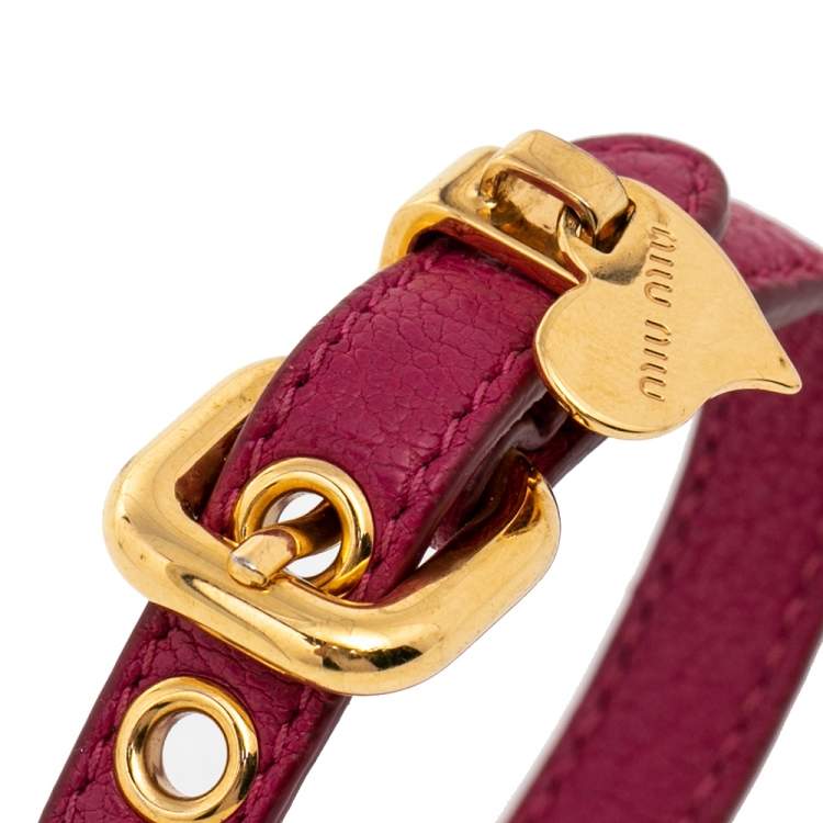 Pre Owned Miu Miu Pink Leather Gold Tone Heart Charm Bracelet