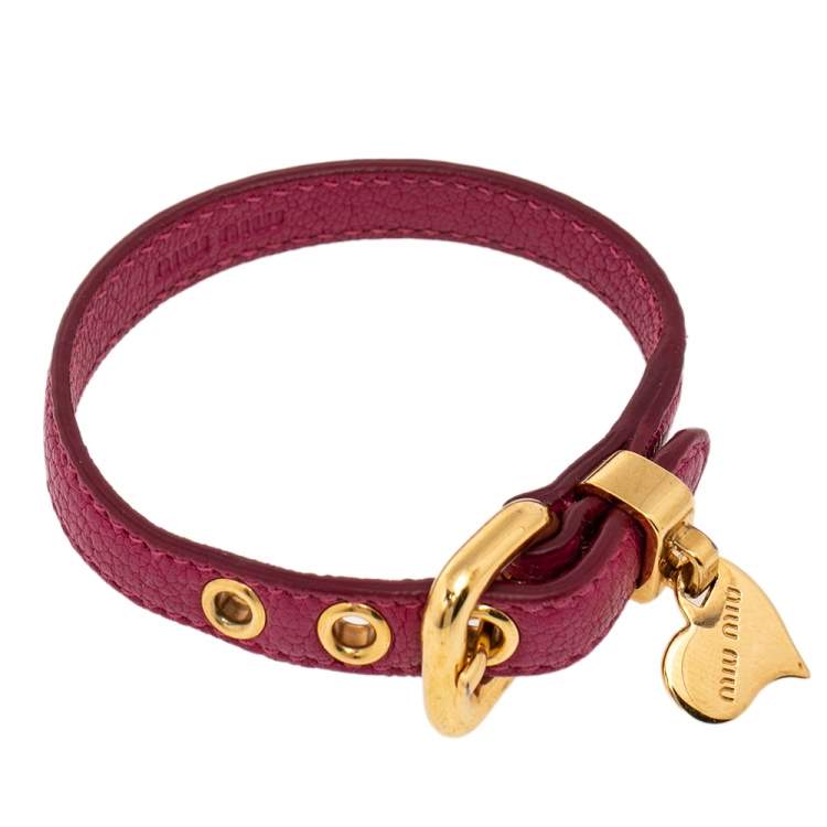 Pre Owned Miu Miu Pink Leather Gold Tone Heart Charm Bracelet