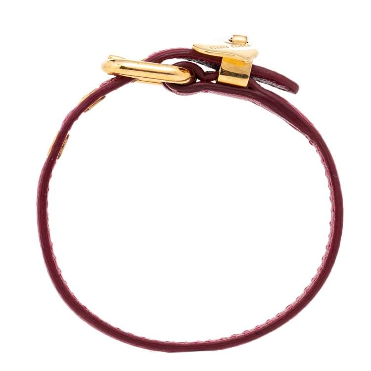 Pre Owned Miu Miu Pink Leather Gold Tone Heart Charm Bracelet