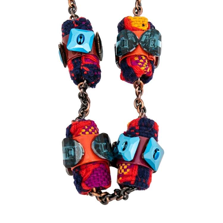 Pre Owned Miu Miu Bronze Tone Crystal & Fabric Embellished Station Necklace
