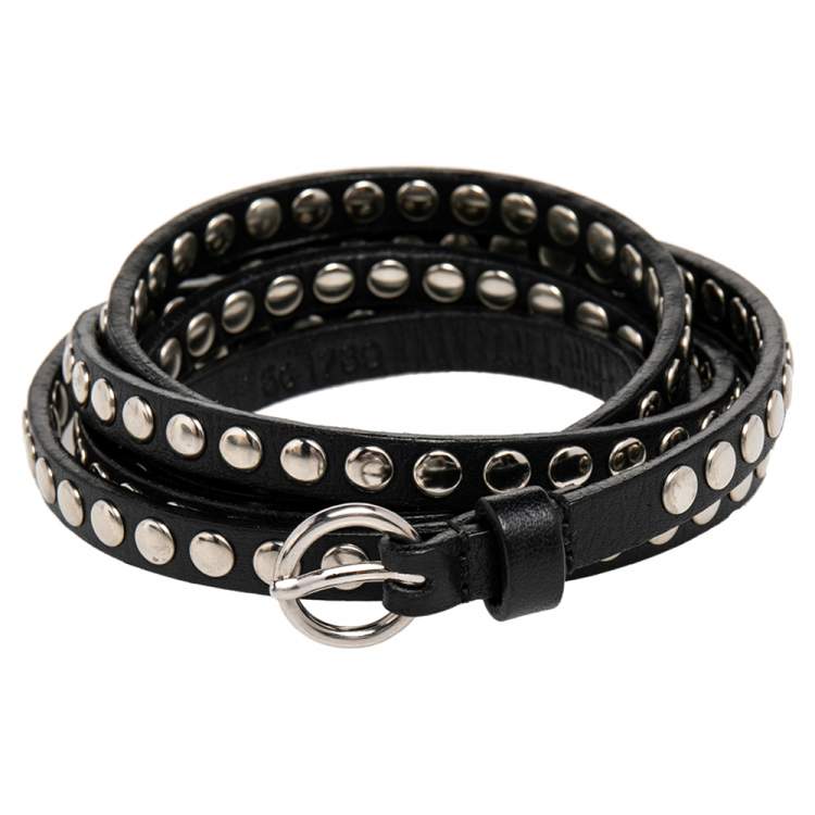 Pre Owned Miu Miu Black Leather Studded Double Wrap Waist Belt 75CM