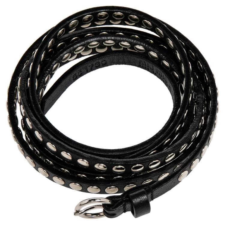 Pre Owned Miu Miu Black Leather Studded Double Wrap Waist Belt 75CM