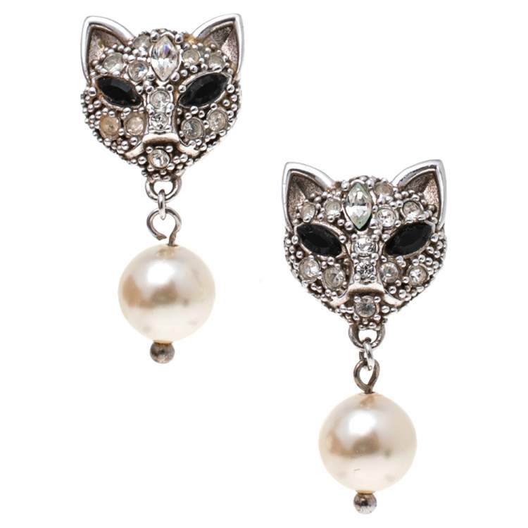 Pre Owned Miu Miu Sterling Silver Crystal Cat Pearl Drop Earrings