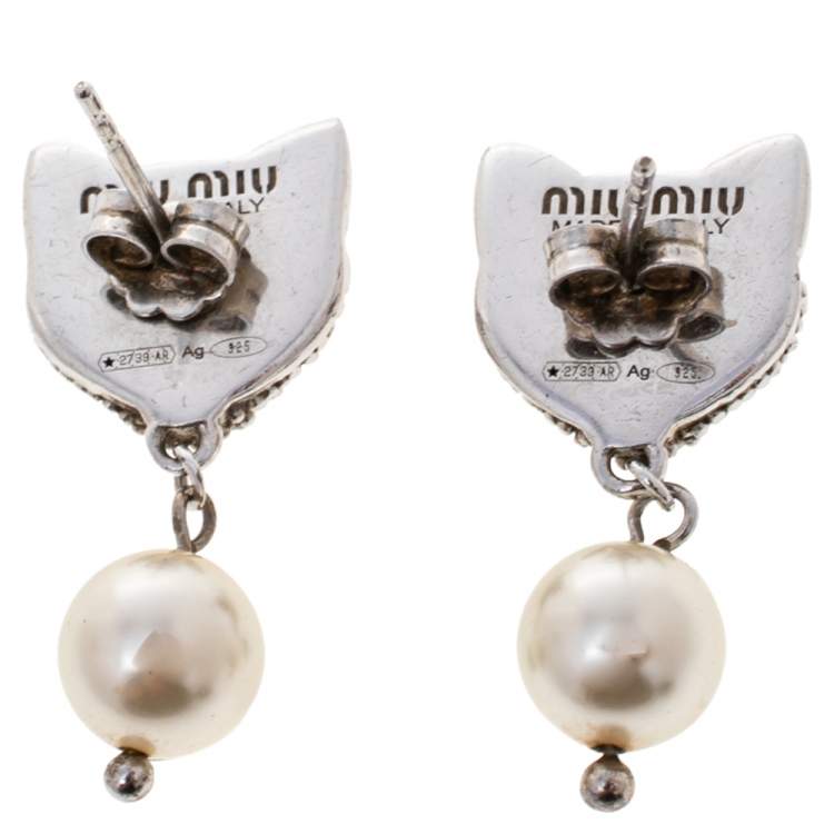Pre Owned Miu Miu Sterling Silver Crystal Cat Pearl Drop Earrings