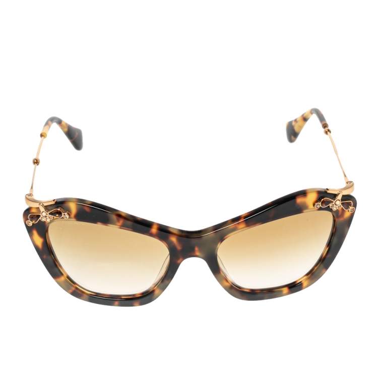 Pre Owned Miu Miu Brown Tortoise Acetate SMU 03P Embellished Gradient Cat Eye Sunglasses