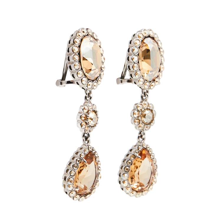 Pre Owned Miu Miu Crystal Silver Tone Drop Clip On Earrings