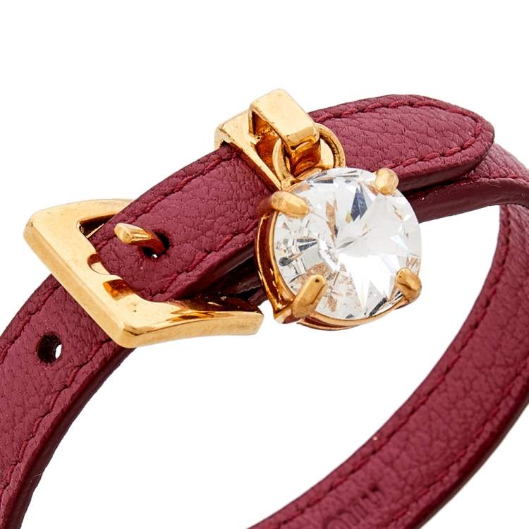 Pre Owned Miu Miu Gold Tone Pink Madras Leather Crystal Charm Bracelet