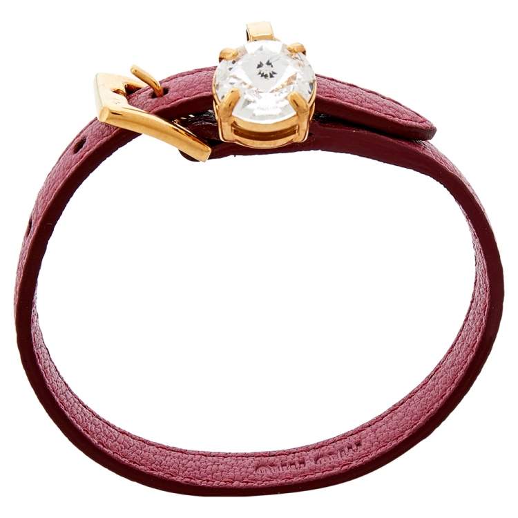Pre Owned Miu Miu Gold Tone Pink Madras Leather Crystal Charm Bracelet