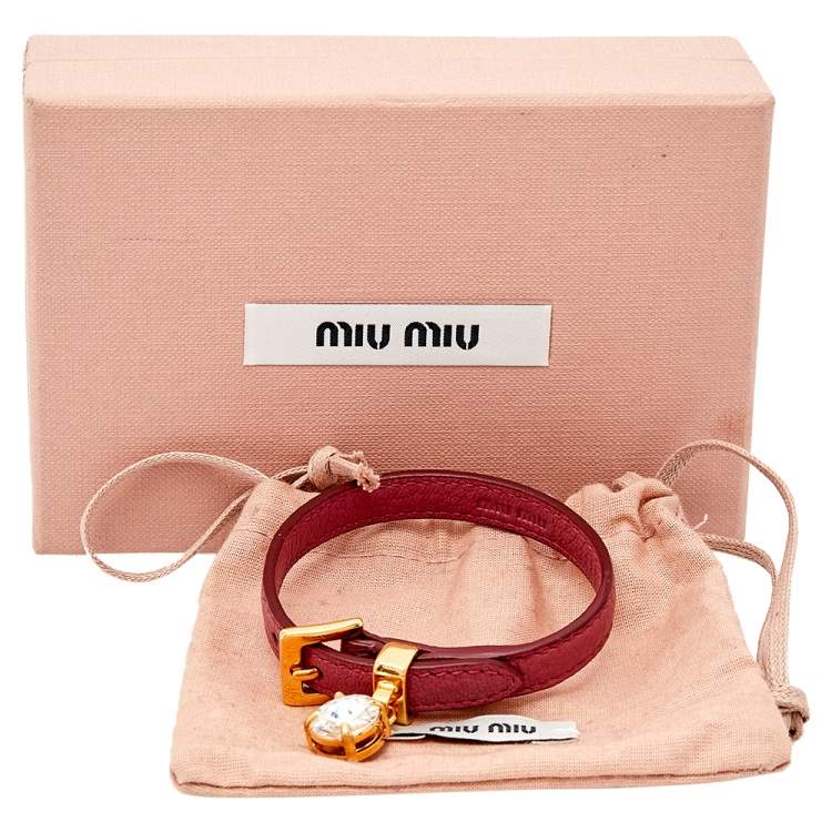 Pre Owned Miu Miu Gold Tone Pink Madras Leather Crystal Charm Bracelet