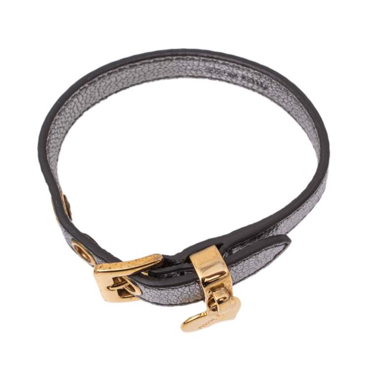 Pre Owned Miu Miu Silver Leather Gold Tone Wrap Bracelet