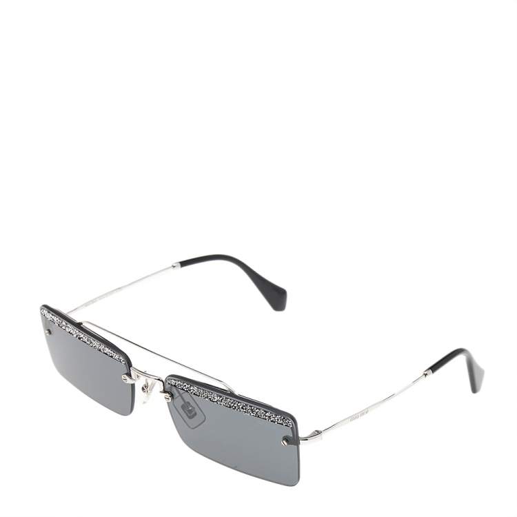 Pre Owned Miu Miu Grey Crystal Detail SMU59T Rimless Rectangle Sunglasses