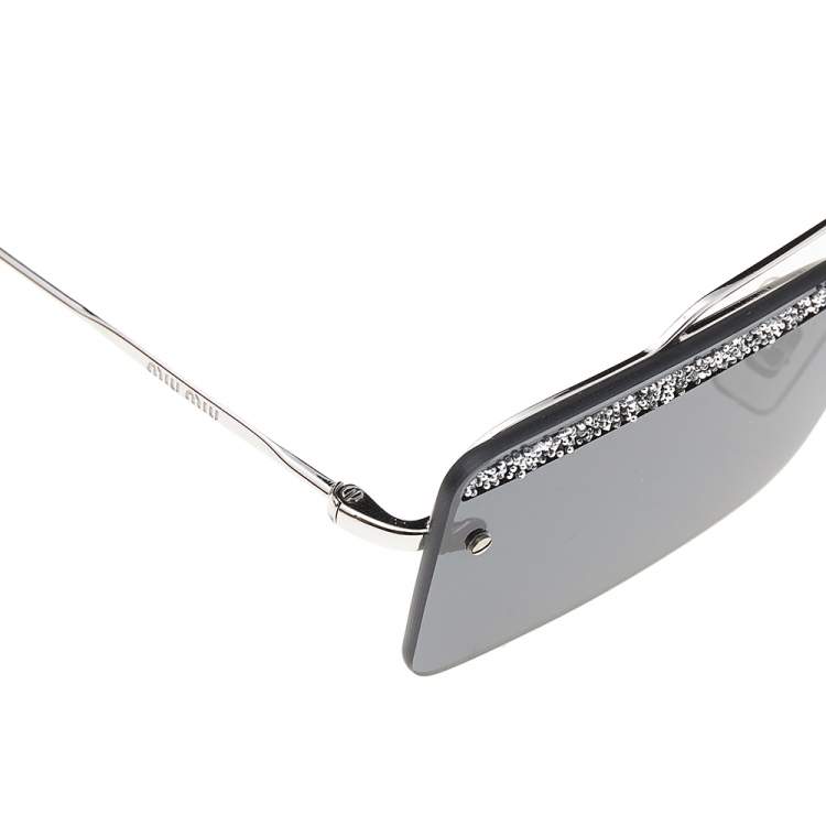 Pre Owned Miu Miu Grey Crystal Detail SMU59T Rimless Rectangle Sunglasses