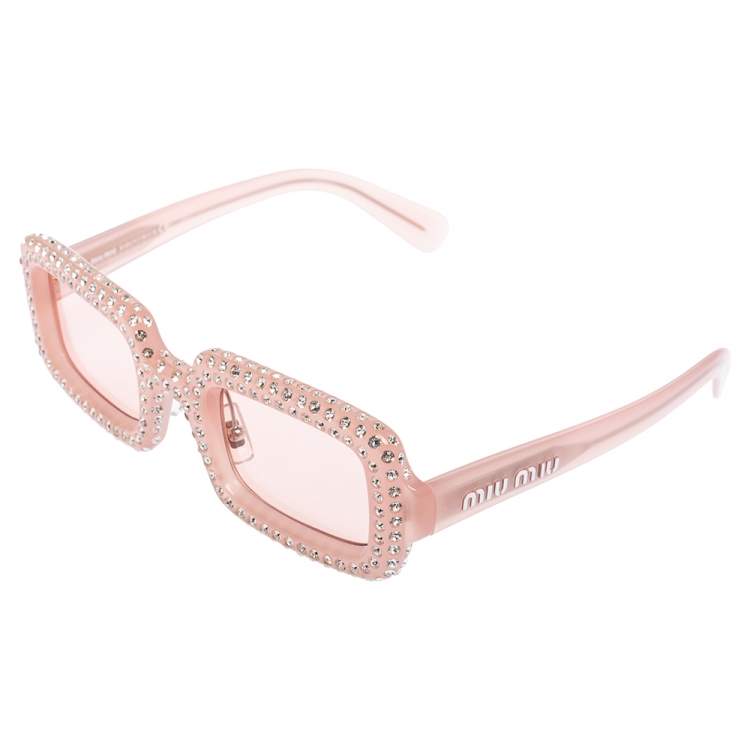 Pre Owned Miu Miu Pink Crystal Embellished/ Pink SMU09X Rectangle Sunglasses