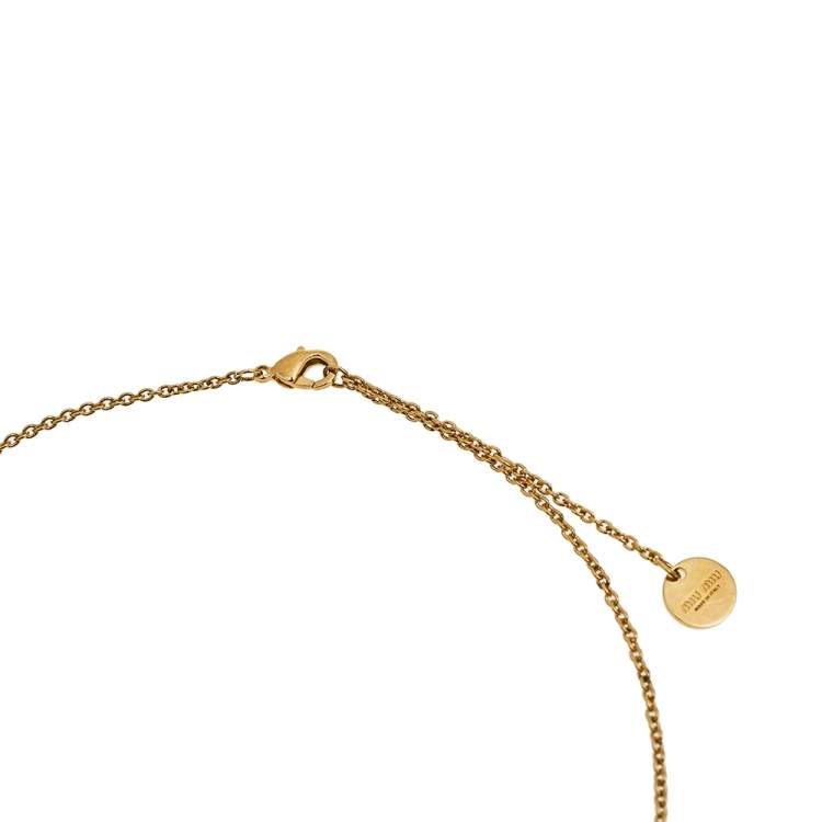 Pre Owned Miu Miu Crystal Logo and Faux Pearl Gold Tone Metal Pendant Necklace