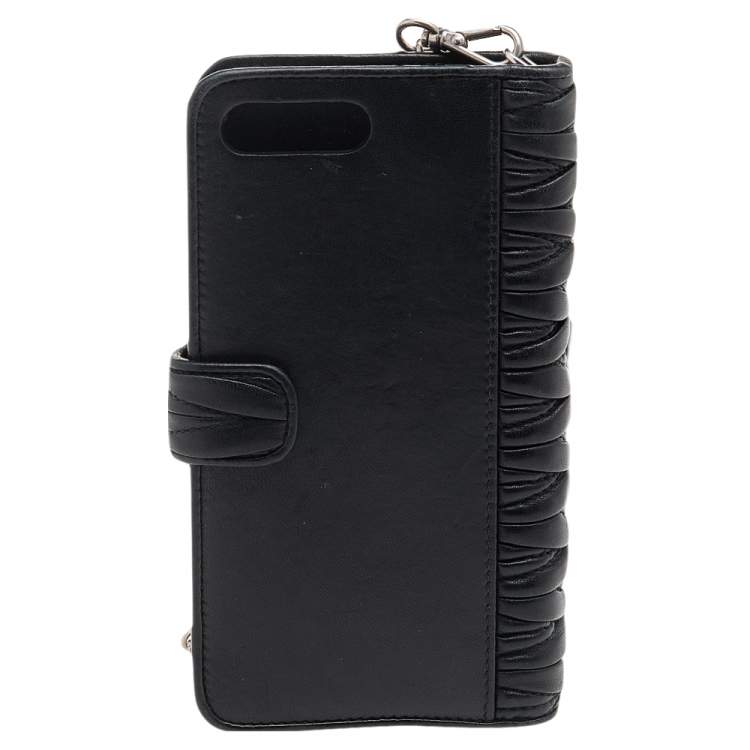 Pre Owned Miu Miu Black Matelasse Leather Flower Embellished iPhone 8 Plus Case
