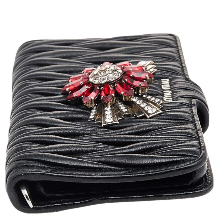 Pre Owned Miu Miu Black Matelasse Leather Flower Embellished iPhone 8 Plus Case