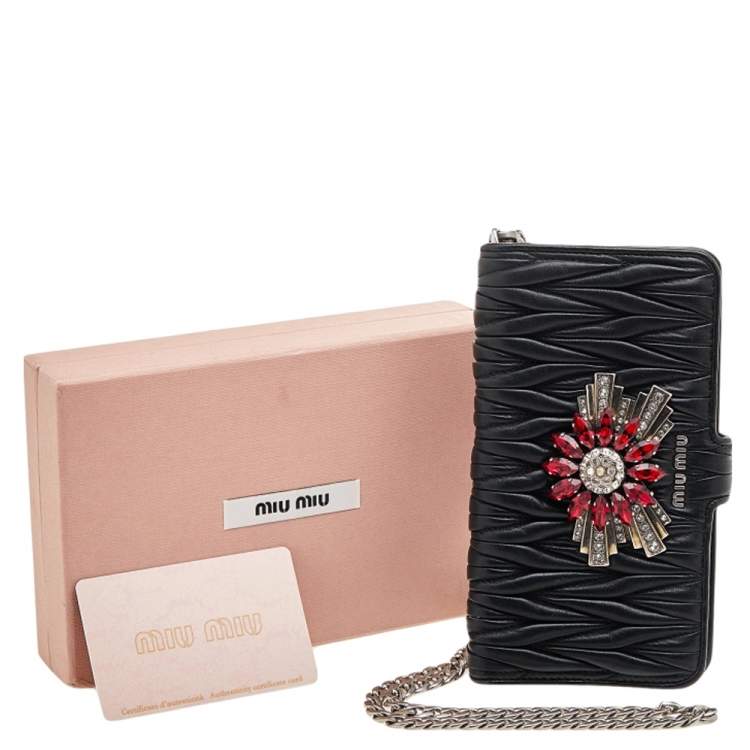 Pre Owned Miu Miu Black Matelasse Leather Flower Embellished iPhone 8 Plus Case