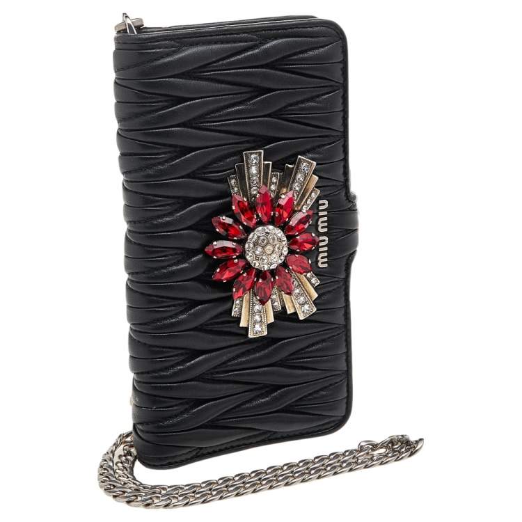 Pre Owned Miu Miu Black Matelasse Leather Flower Embellished iPhone 8 Plus Case