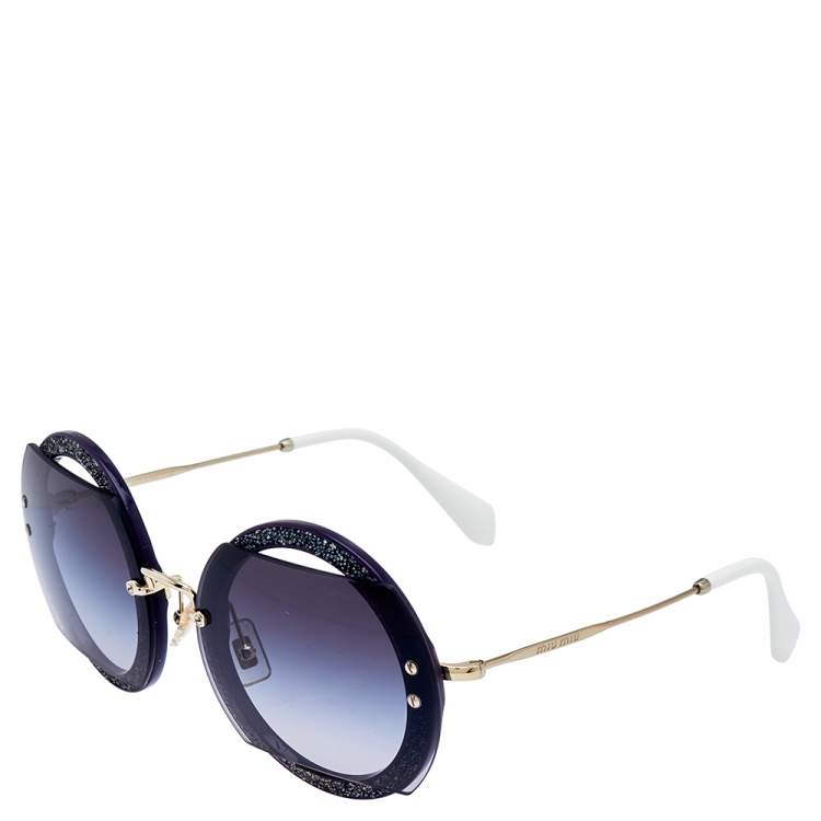 Pre Owned Miu Miu Blue Crystal Embellished/Grey Gradient SMU06S Round Sunglasses
