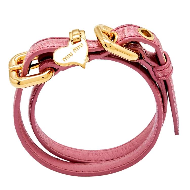 Pre Owned Miu Miu Pink Leather Detachable Strap Double Wrap Bracelet